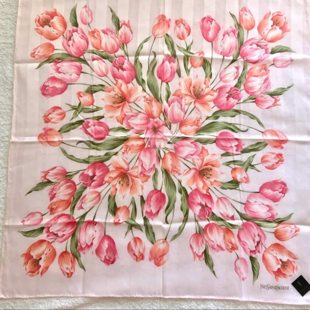 🌸 Yves Saint Laurent Pink & Green Floral Handkerchief / Mini Scarf NWT! - Picture 8 of 8